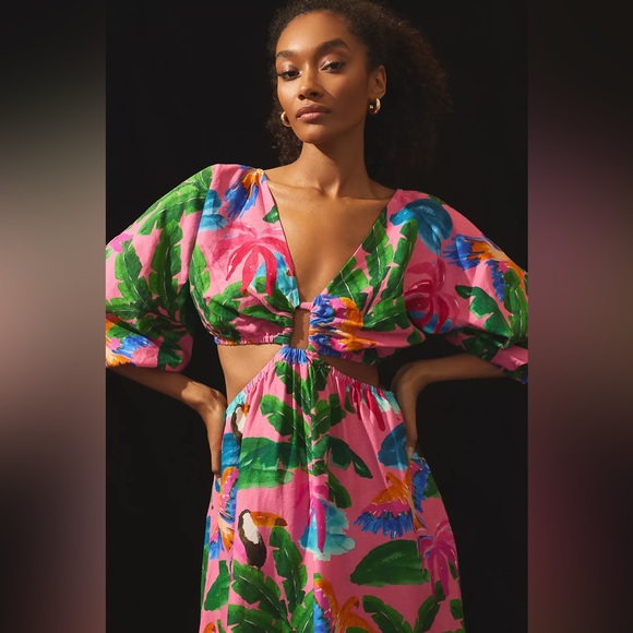 NWT Farm Rio Anthropologie Printed V-Neck Cutout Dress Pink Tropical Fresh Large - Picture 3 of 5